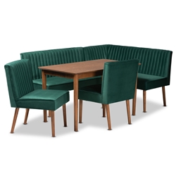 Baxton Studio Alvis Mid-Century Modern Emerald Green Velvet Upholstered and Walnut Brown Finished Wood 5-Piece Dining Nook Set